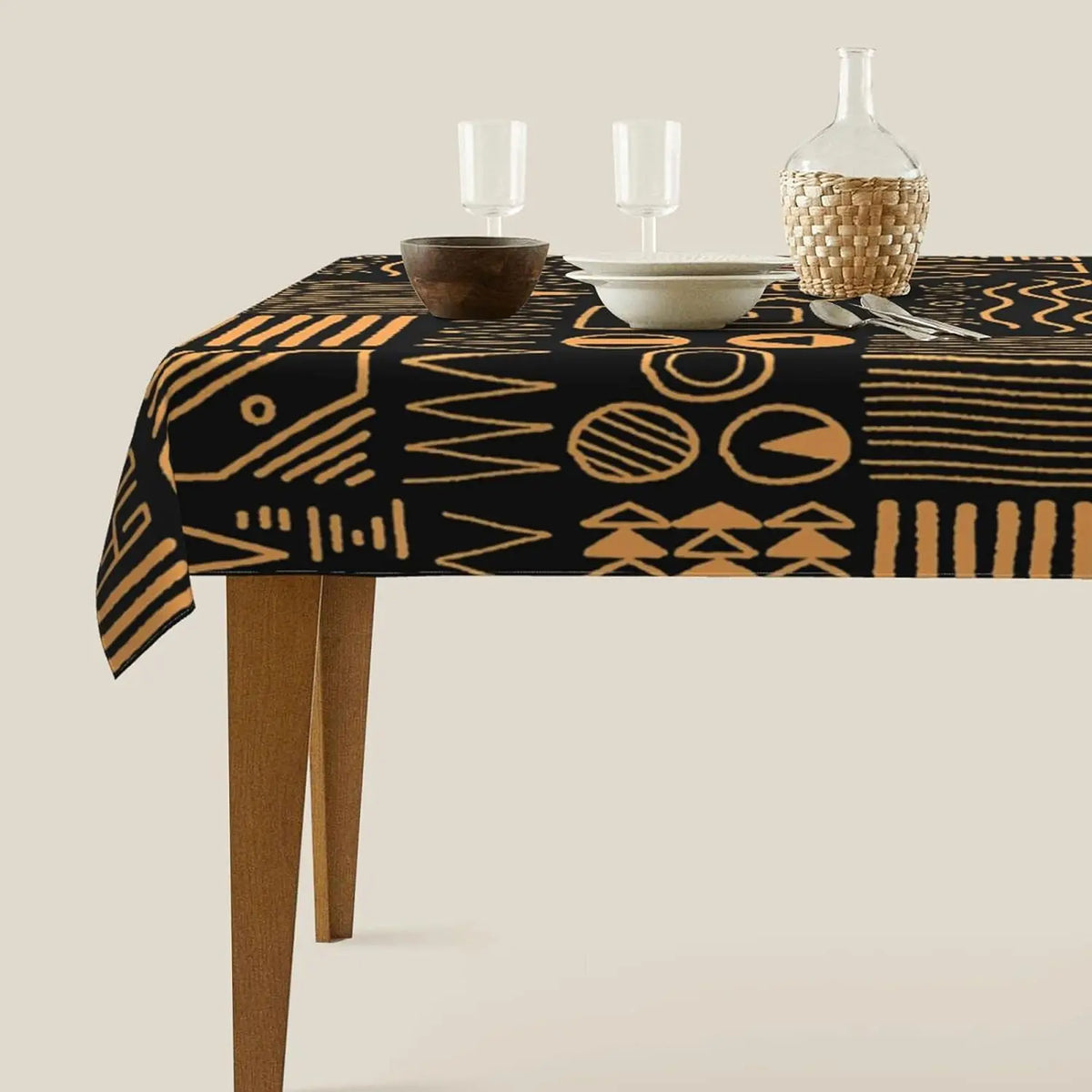 nappe rectangulaire géométrique moderne noire orange réutilisable polyester table manger festive vacances
