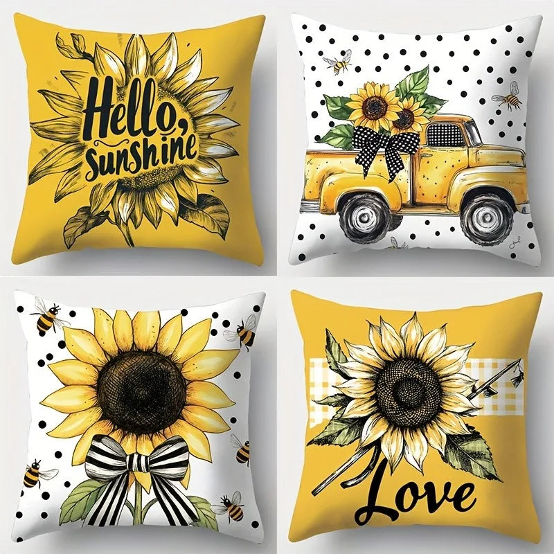 housse coussin polyester motif tournesol sunshine love abeilles voiture ancienne jaune vintage décoratif opaque