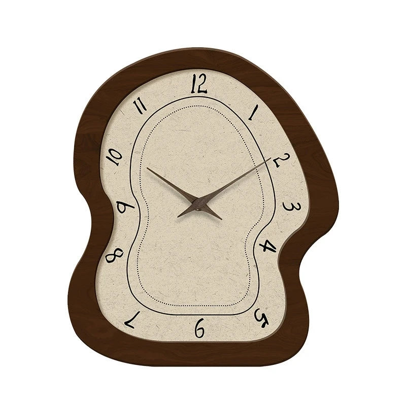 horloge murale bois marron aiguilles noires numeros blancs texture grunge moderne fixations quartz