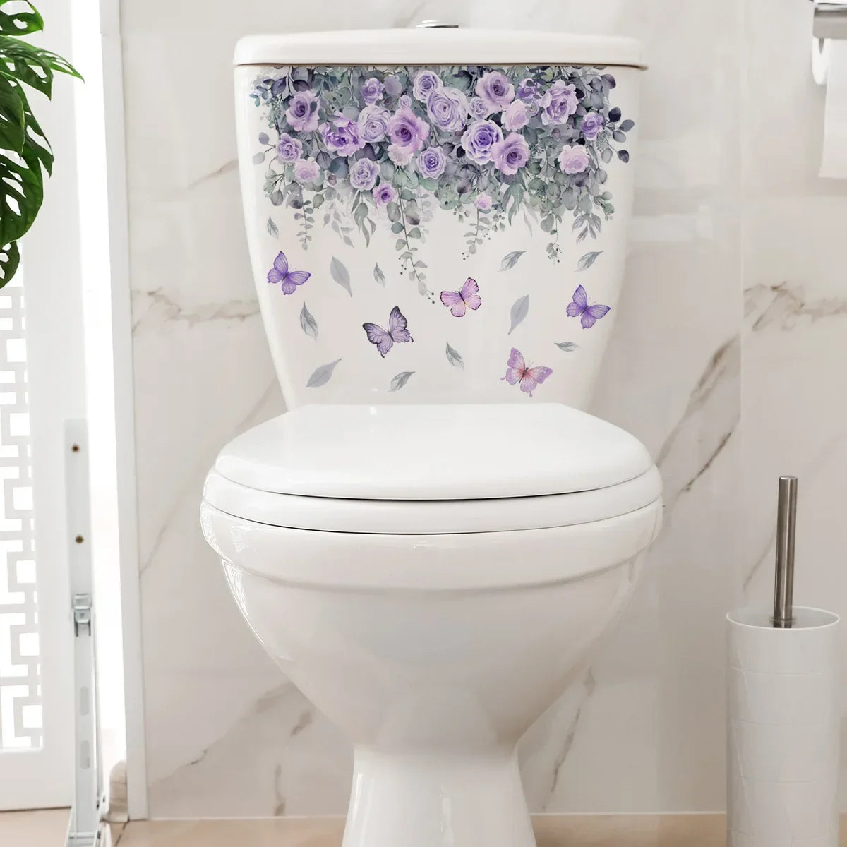 cache wc blanc fleurs feuilles papillons adhésif décoration murale moderne naturel stickers