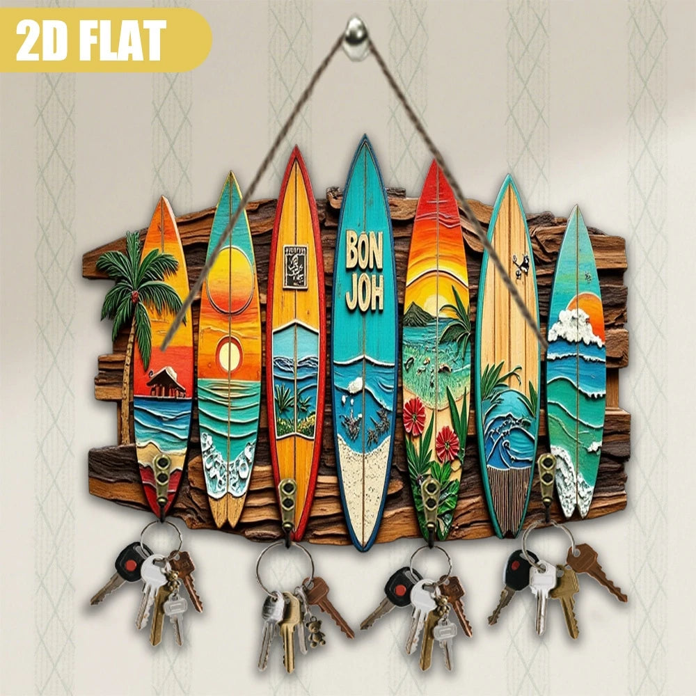 porte clés mural surf décoration intérieure palmiers vagues ancres motifs bois texturé bleu orange
