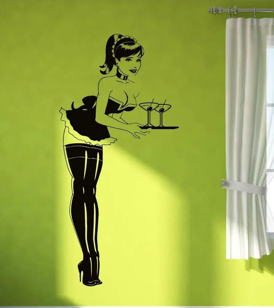 autocollant mural vintage pin up serveuse cocktails adhésif noir décoration chambre mur illustration ado