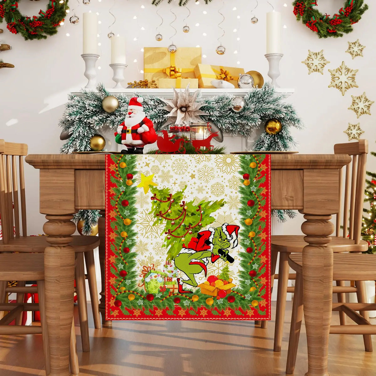 chemin table noël lin blanc motifs flocons neige guirlande sapin décoration table hiver