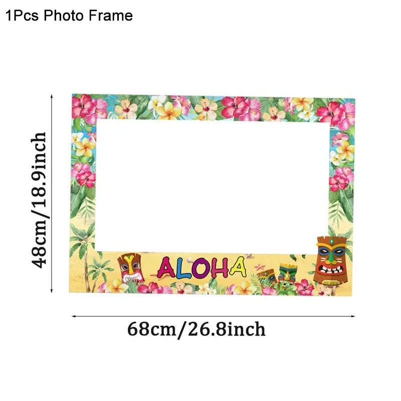 kit photo booth cadre floral hawaïen accessoires tiki chapeau lunettes colliers cocktails anniversaire tropical