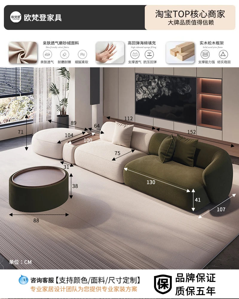 canapé salon moderne tissu beige vert olive chesterfield coussins table basse