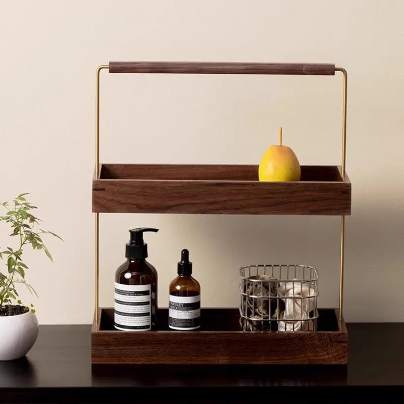caisse cosmétiques bois foncé rangement maquillage minimaliste poignée dorée lotion bouteille panier naturel