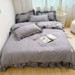 ensemble literie coton brossé ruffles romantique noir rose gris vert beige taies oreillers couverture