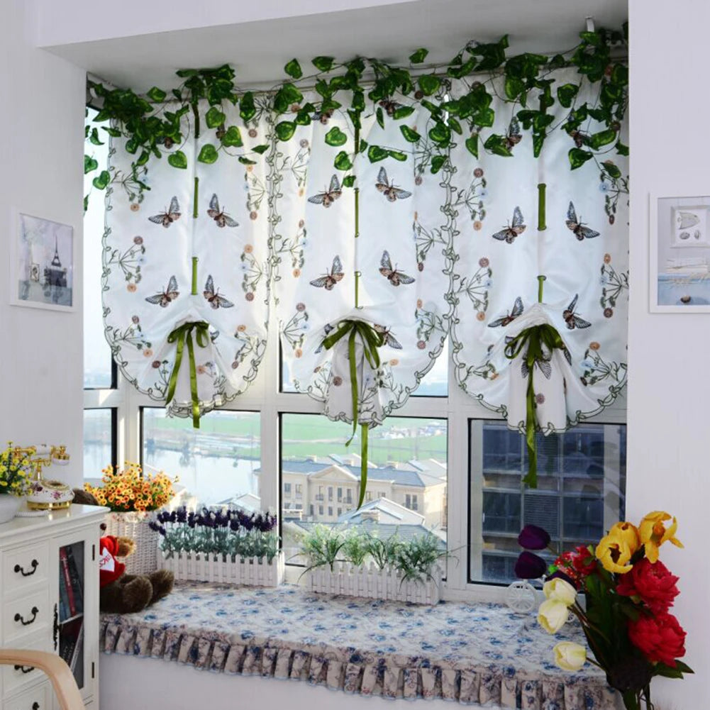 rideau fenêtre floral papillon transparent champêtre décoration guirlande feuilles verte blanc vert orange bleu
