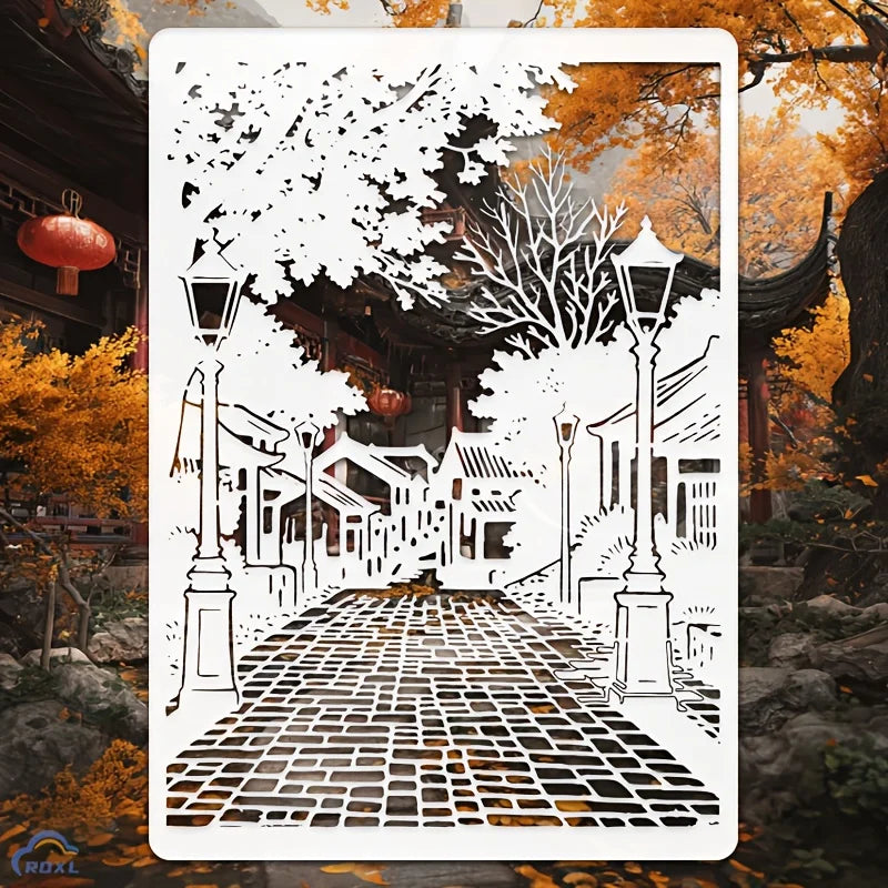 pochoirs stencil blanc rue pavée lanternes arbres bâtiments traditionnels peinture murale scrapbooking coloriage