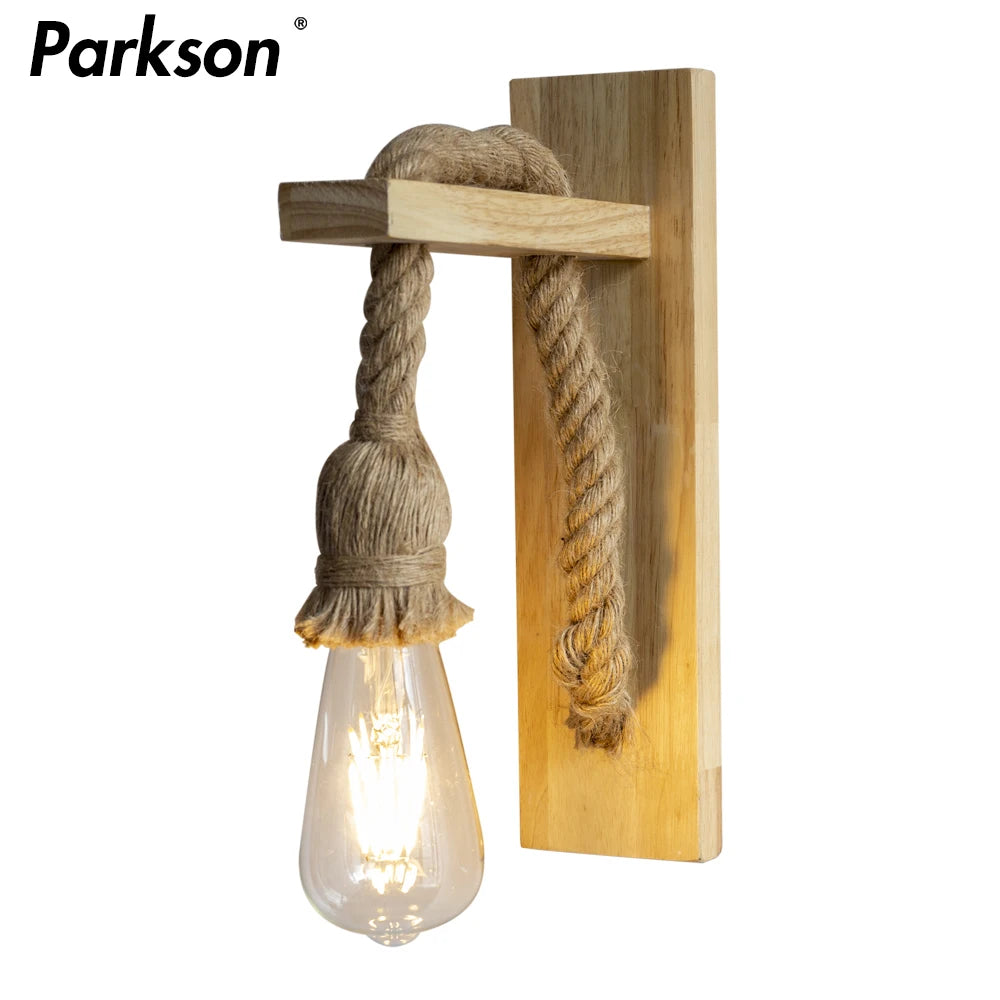 lampe suspension rustique bois naturel corde beige vintage éclairage mur fixé led e27