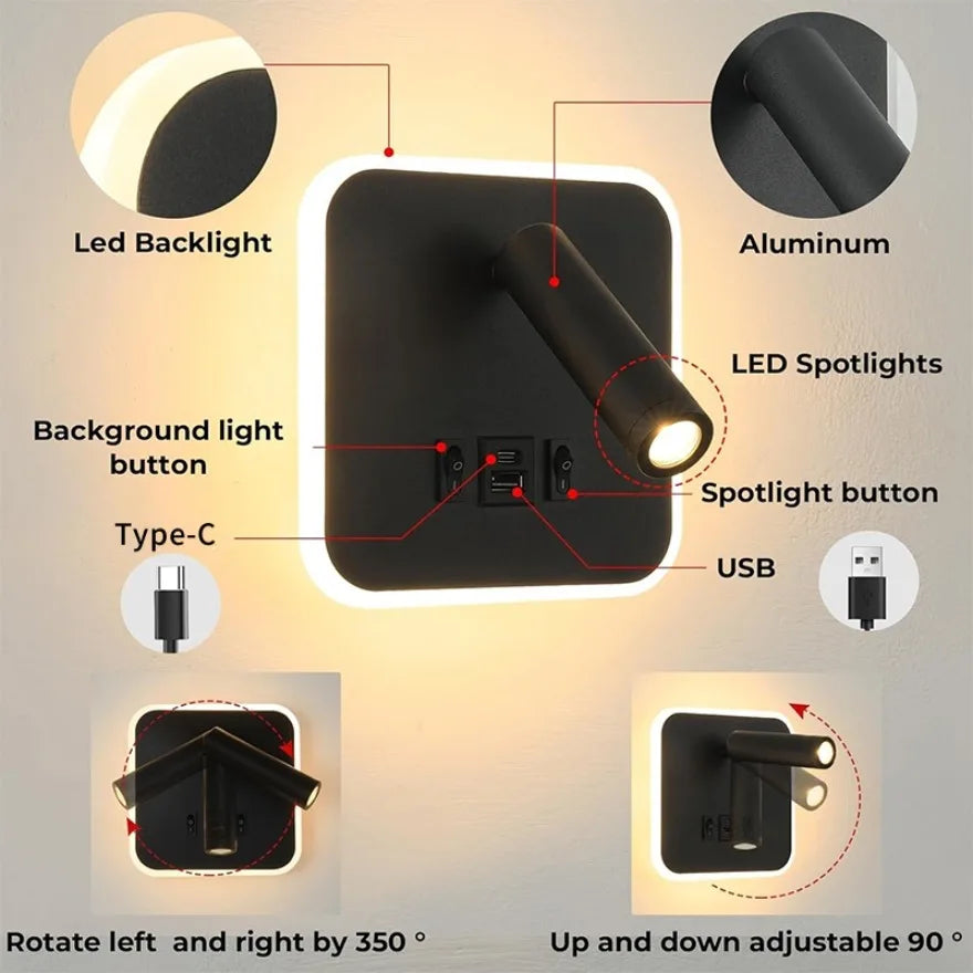 lampe murale led orientable prise usb moderne chambre cuisine entree
