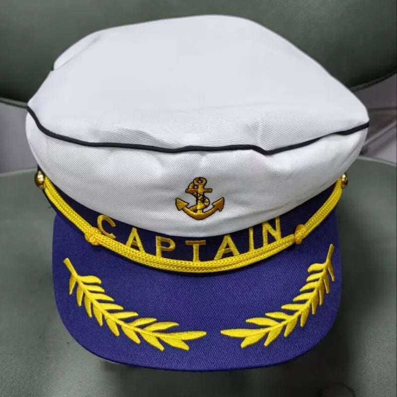 chapeau marin brodé ancre captain feuilles dorées ajustable noir blanc anniversaire mariage fête
