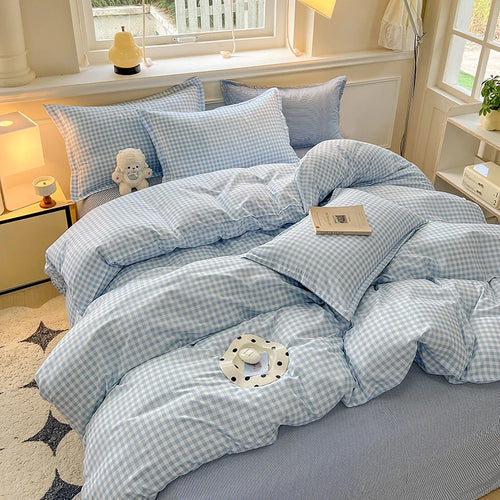 housses couette taies d'oreiller ensemble lit carreaux vichy jaune rose bleu gris minimaliste