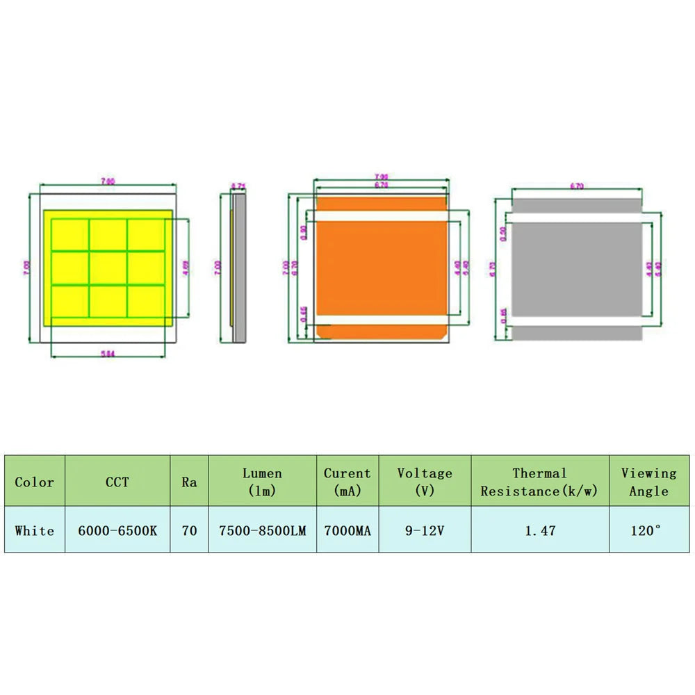 lampe led haute puissance 7070 blanc 6000k 72w 7000lm cuivre industrielle
