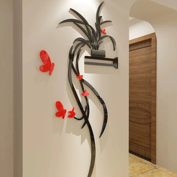décoration murale adhésive papillons feuilles stylisées moderne noire rouge blanche