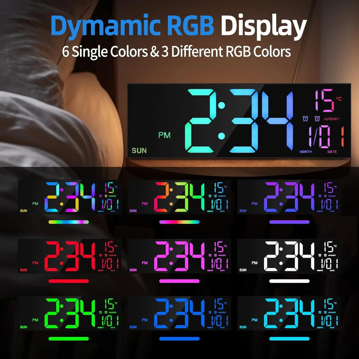 grande horloge murale digitale couleurs rvg télécommande alarme lumineuse moderne