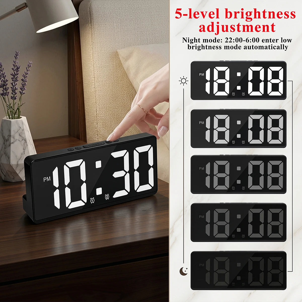 horloge numérique moderne détection vocale affichage température mode nuit led noir geometrique
