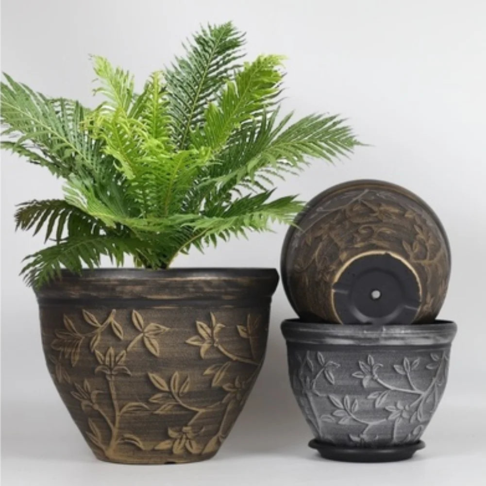 pots fleurs noirs classiques gravures feuilles fleurs plateau drainage visible
