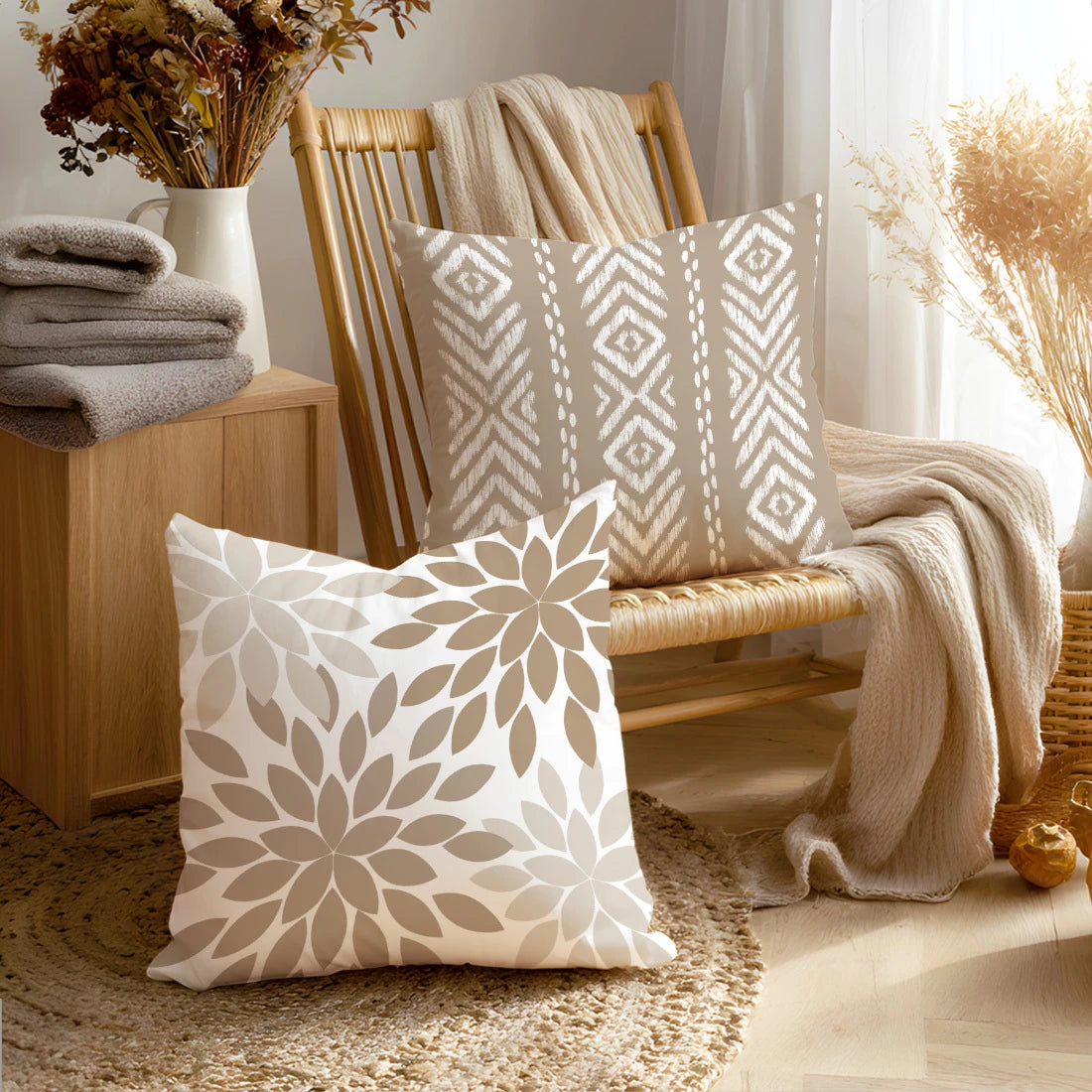 housses coussin carré motif géométrique floral beige moderne polyester taupe zipper chambre canapé lit