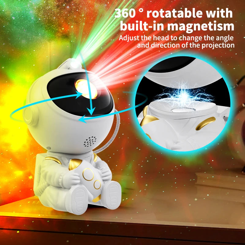 projecteur nuit astronaute blanc rose doré projections étoiles nébuleuses rotation 360 dégradé spatial enfants