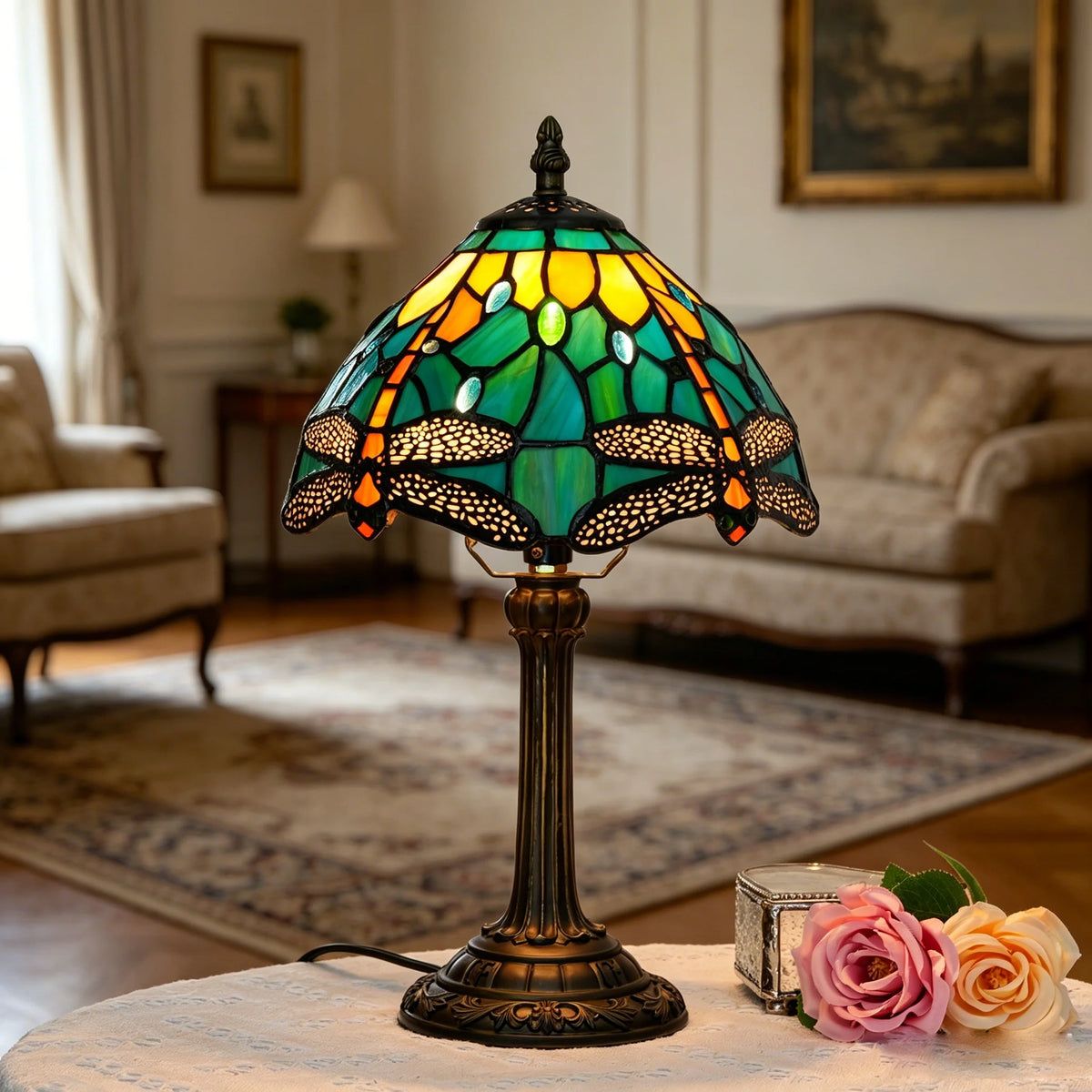 lampe table art nouveau libellules vert bleu jaune orange résine opacité interrupteur bouton poussoir