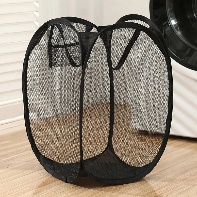 panier linge maille noir poignées fermeture glissière pliable salle bain rangement organizer