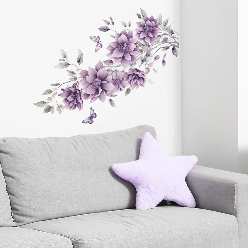 sticker mural fleurs violets papillons adhésif pvc résistant eau moderne salon chambre bain