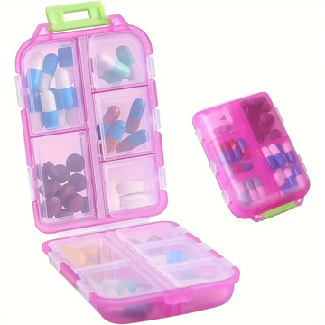 boîtes pilules portables pratiques transparentes noir gris vert rose bleu violet orange jaune