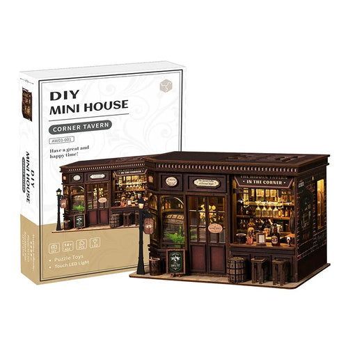 miniature maison théâtre artisanale vintage barres bois tabourets bouteilles vins verres plantes pots tableaux
