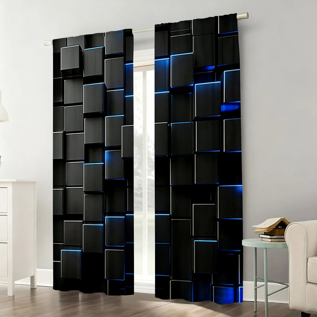 rideau noir bleu cubes géométriques moderne polyester fenêtre 60x150cm 75x166cm 105x230cm 130x210cm