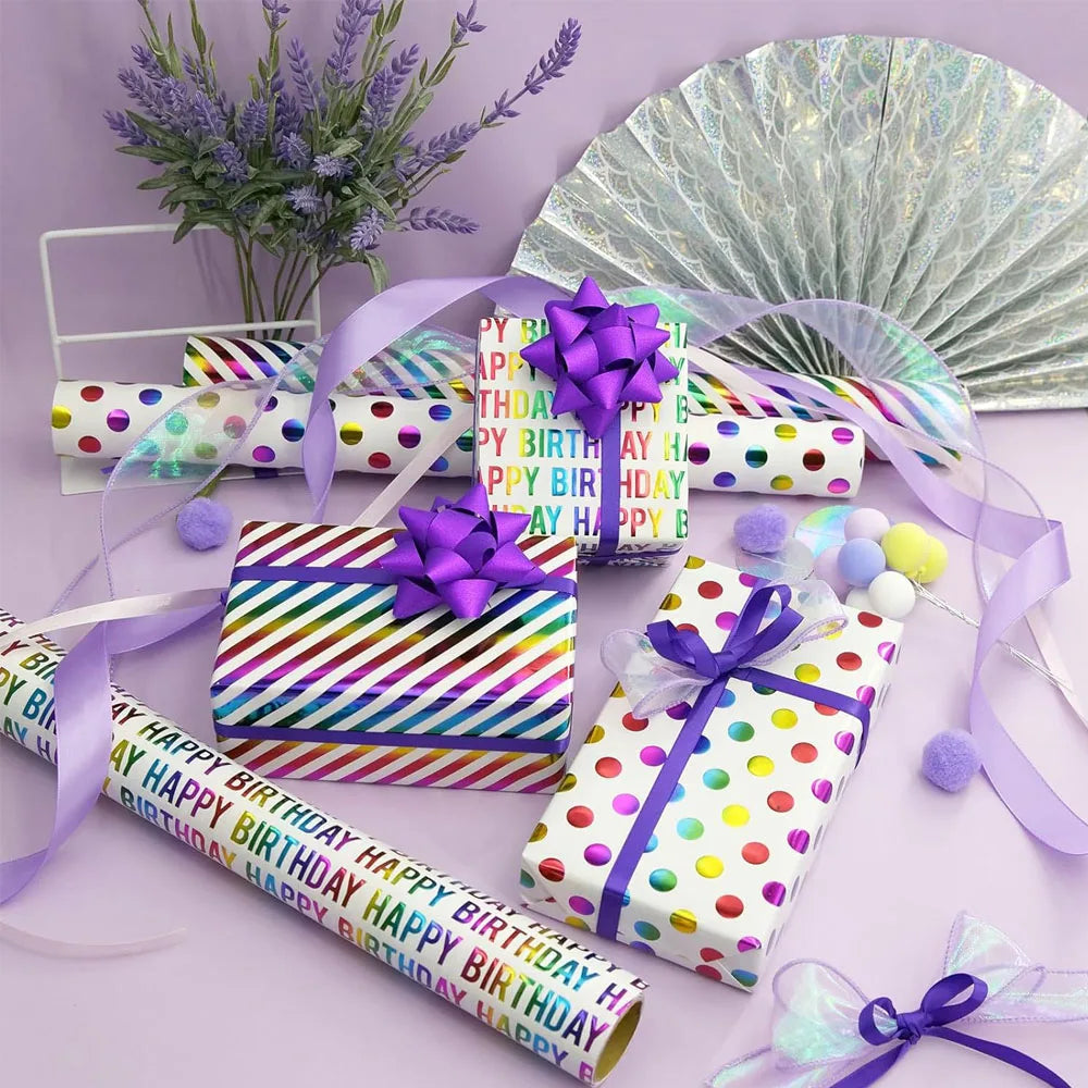papier cadeau anniversaire moderne rayures diagonales points brillants happy birthday blanc multicolore festive