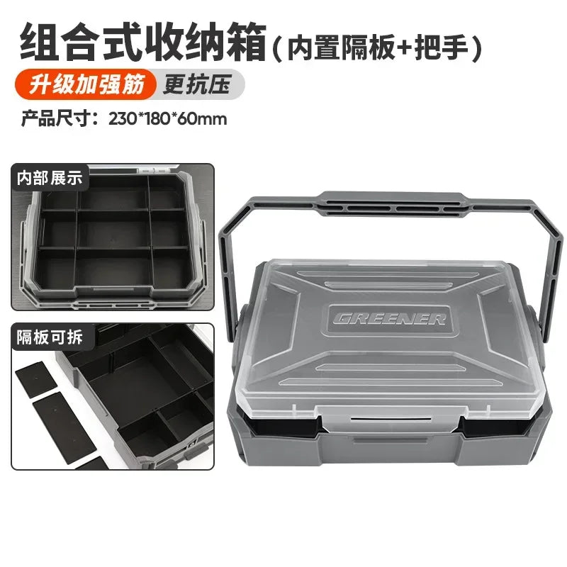 boîtes rangement outils plastique réutilisables gris transparent compartiments modernes poignées