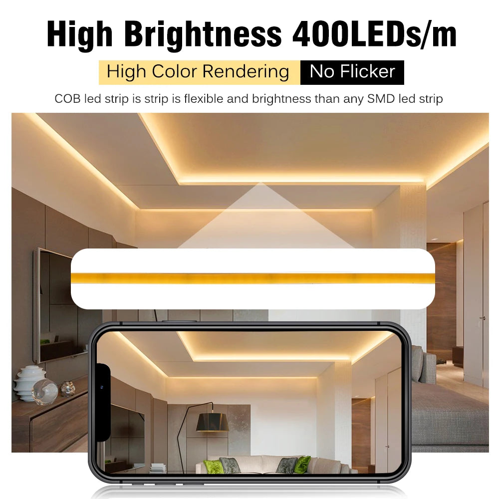 ruban led cob blanc 3mm 5mm 12v 24v lisse moderne connecteurs 5mètres rouleau