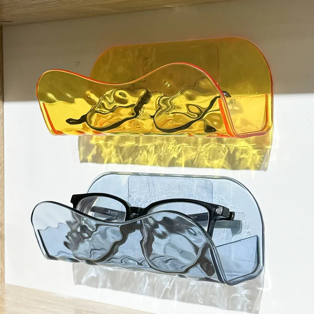 support rangement mural étuis lunettes jaune bleu translucides marbré moderne adhésif lunettes noires plastique