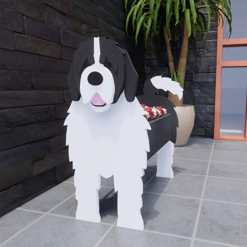 cache pot chien forme cartoon blanc beige marron noir rose vert détails visage plante