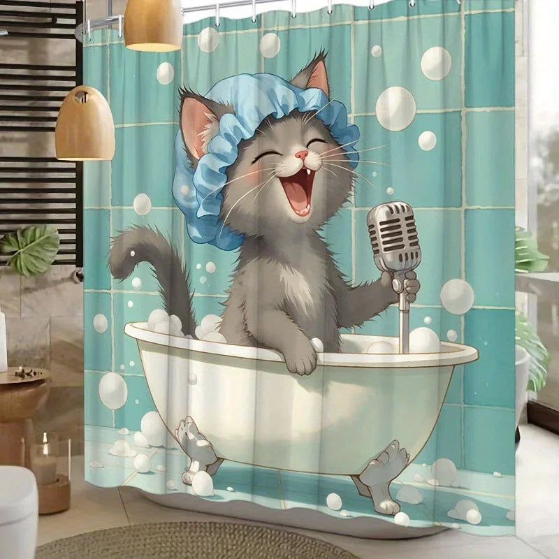 rideau douche chat baignoire bleu clair gris blanc illustration animée métalliques moderne