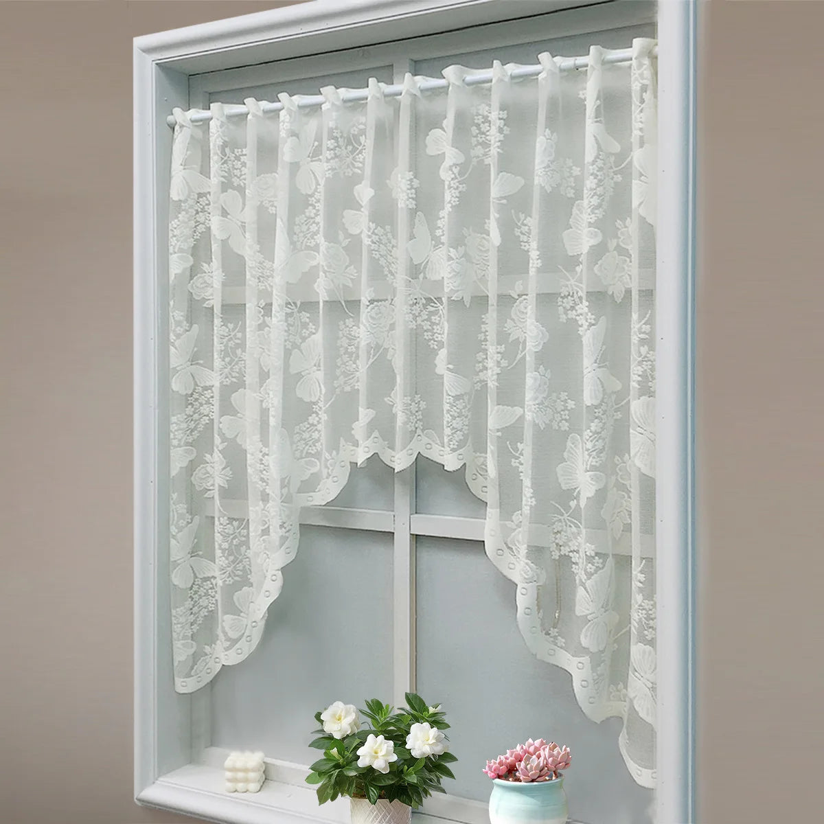 rideau blanc transparent brodé papillons fleurs cuisine romantique français 150cm 180cm