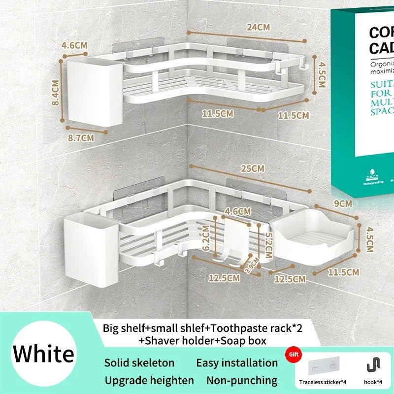 étagère salle bain angle double couche adhésive blanche noire moderne multifonctionnelle rangement muralement fixée