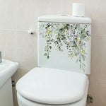 autocollant floral décoration salle bain toilettes feuilles fleurs branches aquarelle vert blanc jaune gris