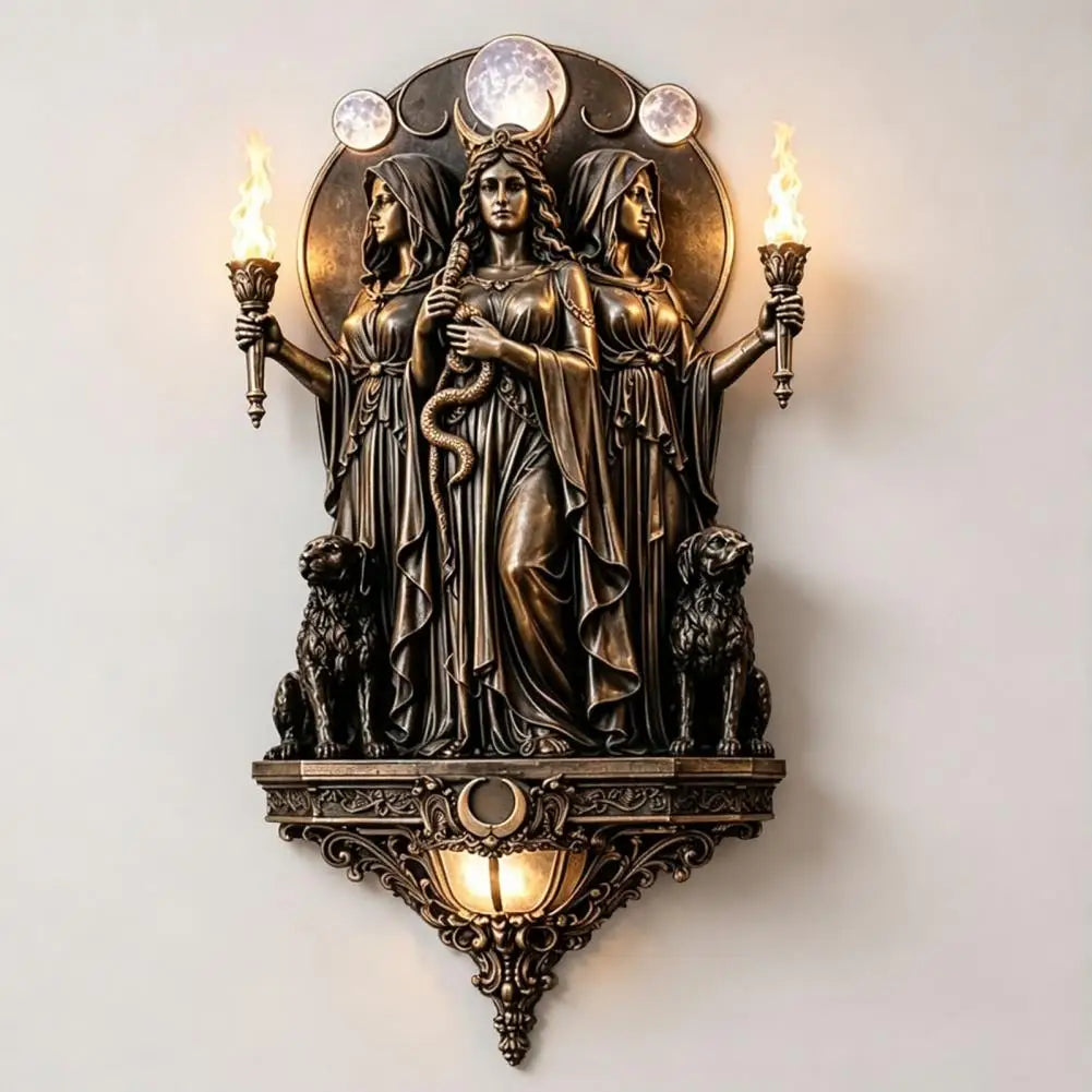 statue murale hécate bronze doré art déco gothique triple déesse torches chiens lune base