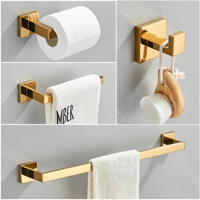accessoires salle bain ensemble porte serviettes rouleau papier toilette doré moderne minimaliste fixations inclusées