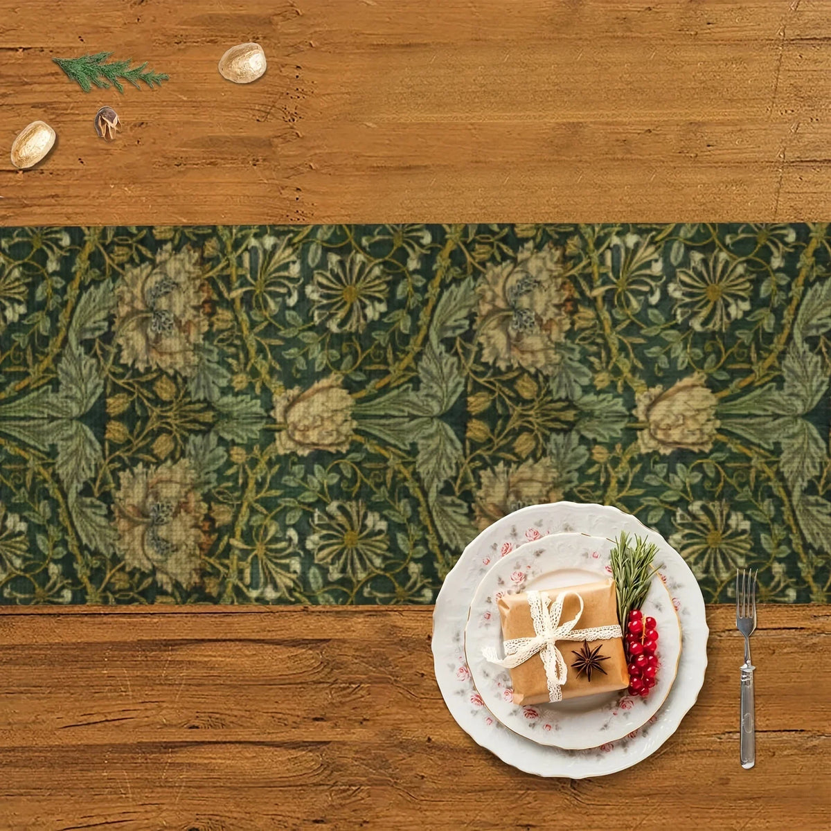 nappe lin motif floral william morris vert foncé beige arts crafts décoration table festive