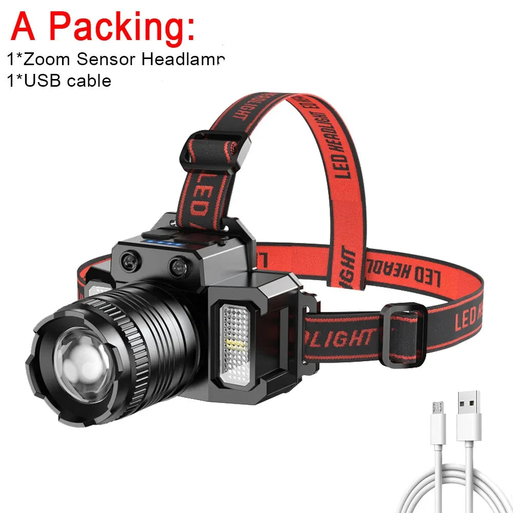 lampe frontale led noire bleue rouge sensor camping travail pêche chasse