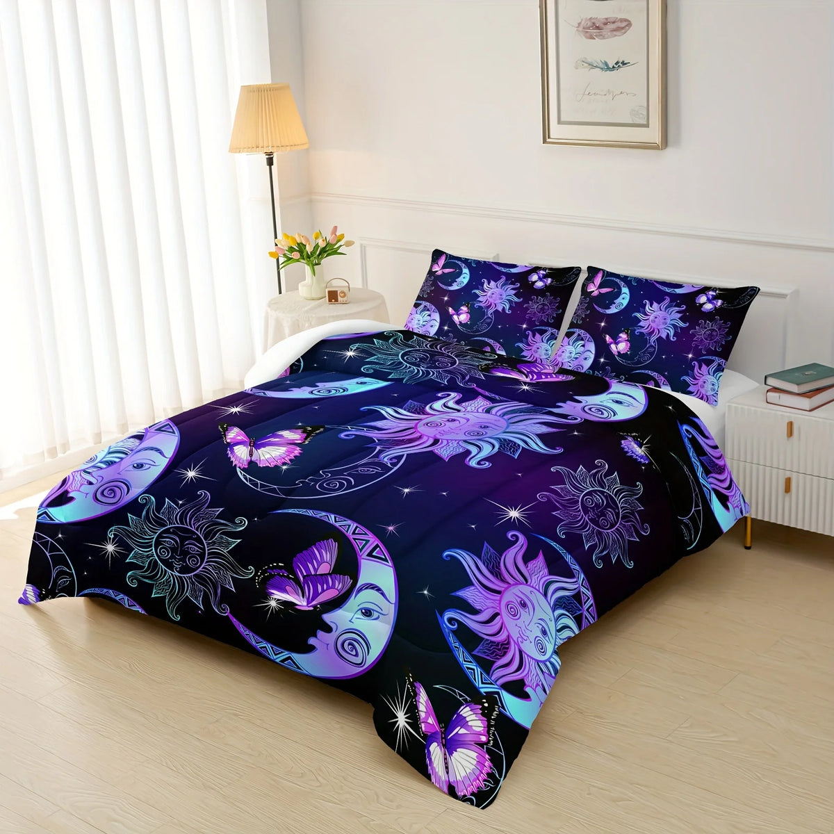 housse couette impression 3d lune soleil papillons violet bleu noir fantastique chambre enfant