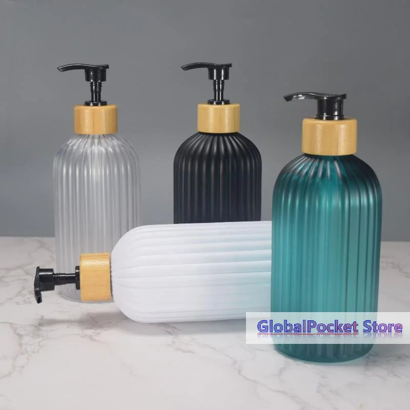 flacon savon liquide noir blanc vert rayures moderne élégant pompe pression bouchons bois 500ml