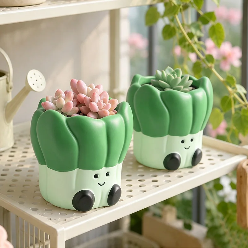 cache pot résine vert clair succulentes mignon visage souriant cactus décoration balcon