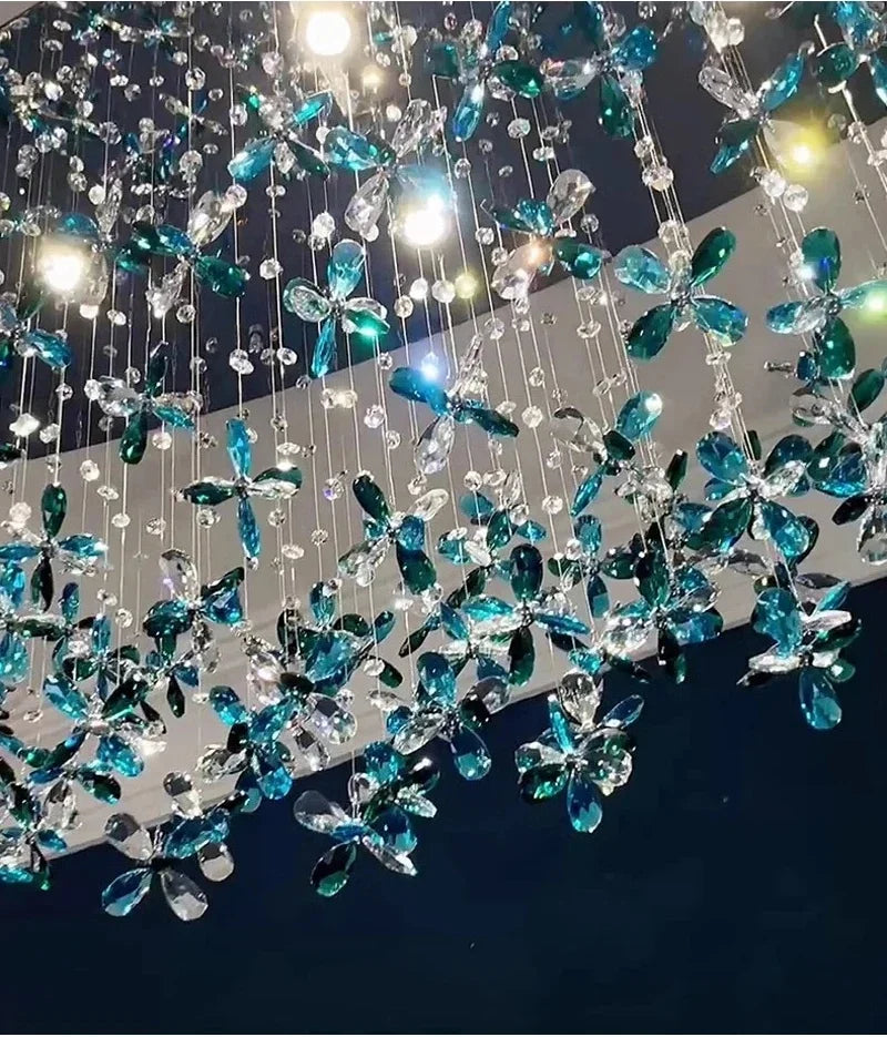 Suspension lumineuse moderne fleurs papillons translucides vert bleu blanc dimmable élégante