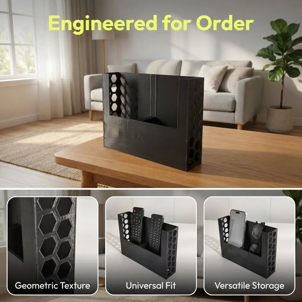 boîte rangement télécommandes noire hexagonale moderne organisation électronique portable smartphone