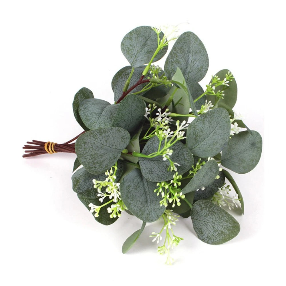 bouquet artificiel branches eucalyptus feuilles vertes fleurs blanches naturel intérieur decoration mariage