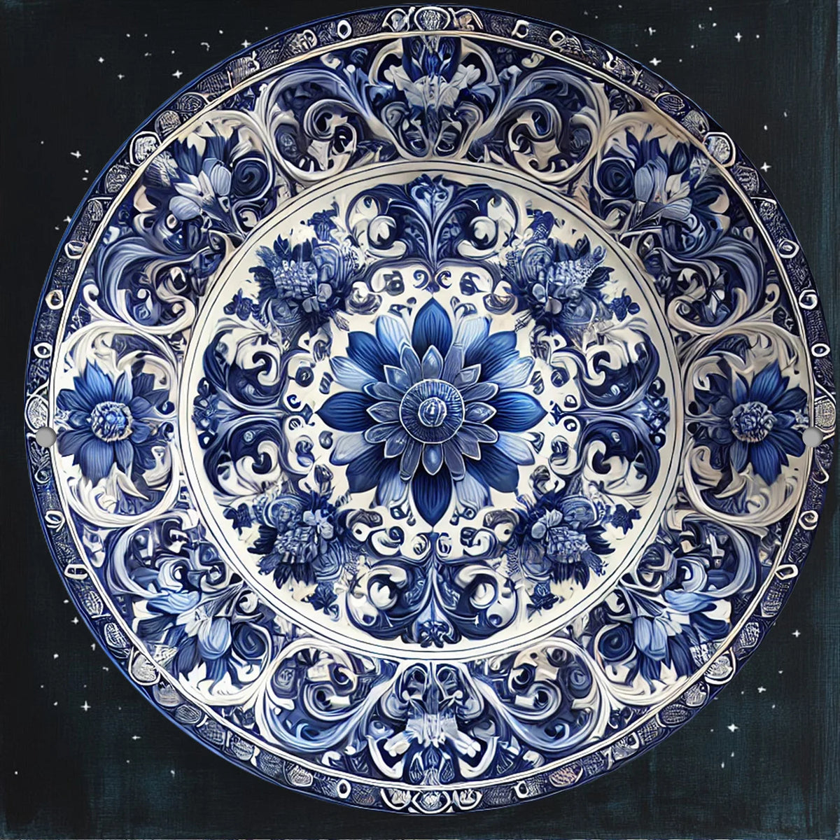 plaque murale classique floral détaillée bleu blanc métal ø20cm imperméable